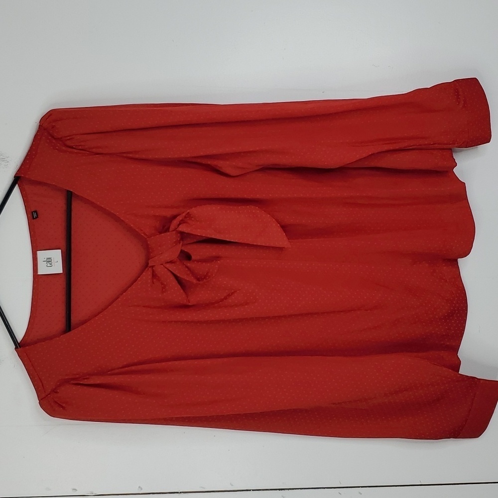 CAbi Knot Front Blouse Polka Dot Red V Neck Long Sleeve Womens L